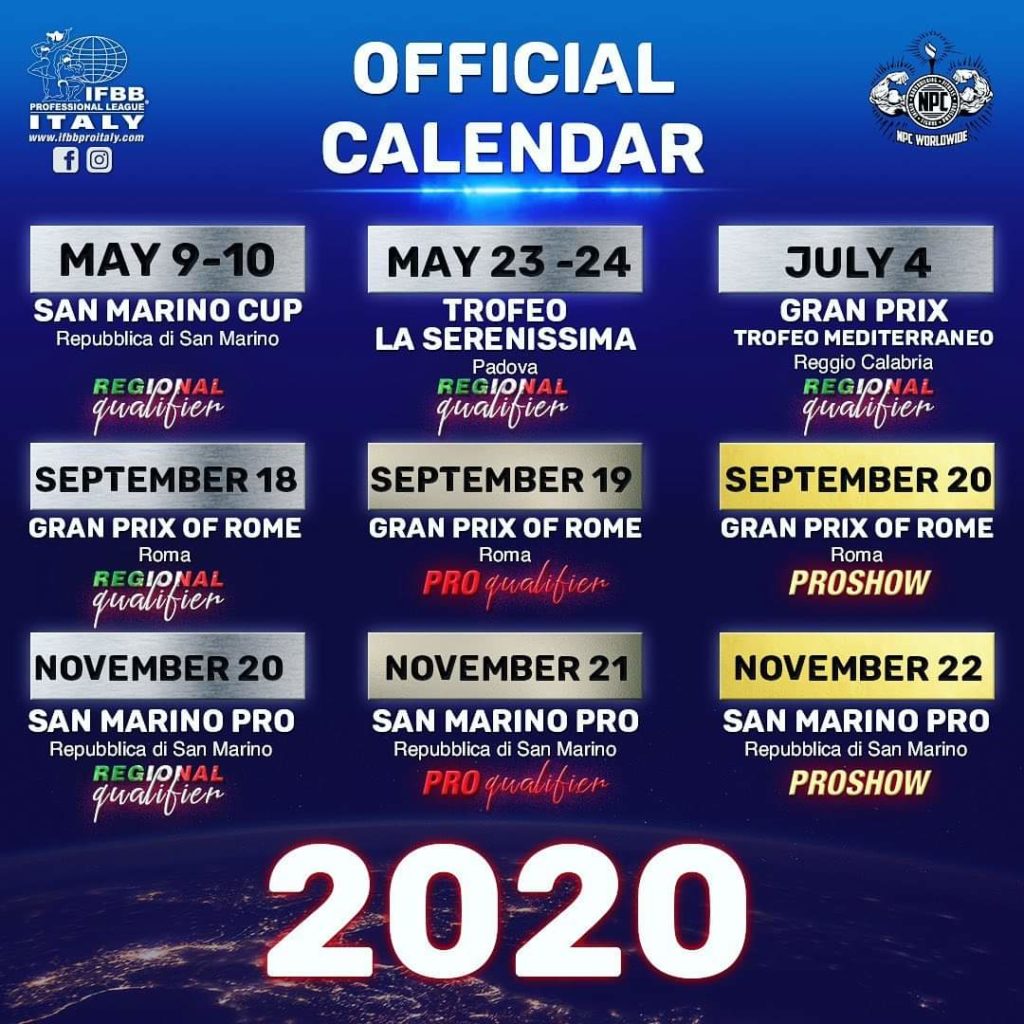 calendario gare ifbb pro league italy npc worldwide 2020
