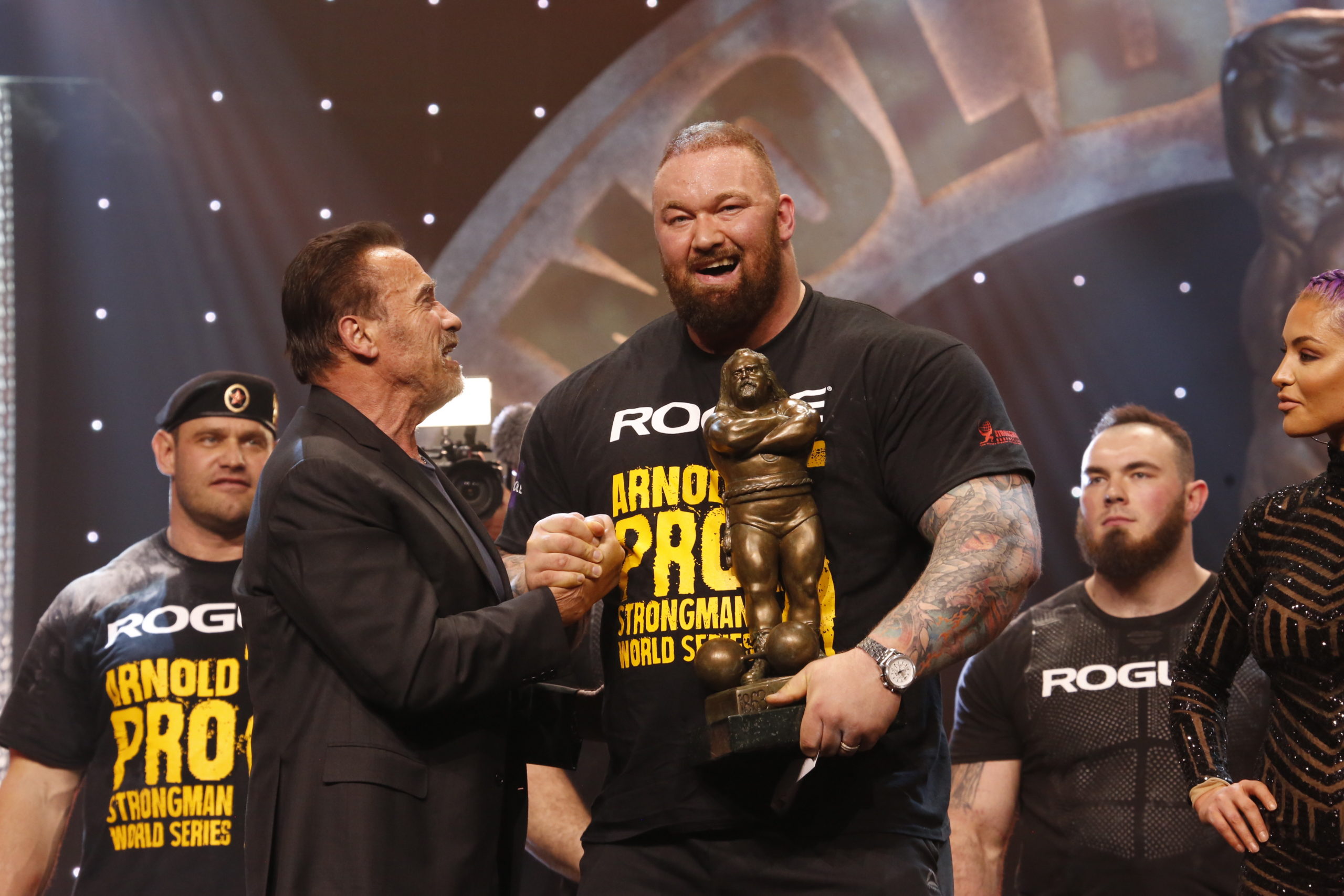 Hafthor Bjornsson wins The Arnold Strongman Classic with Gov. Arnold Schwarzenegger Photo by Dave Emery