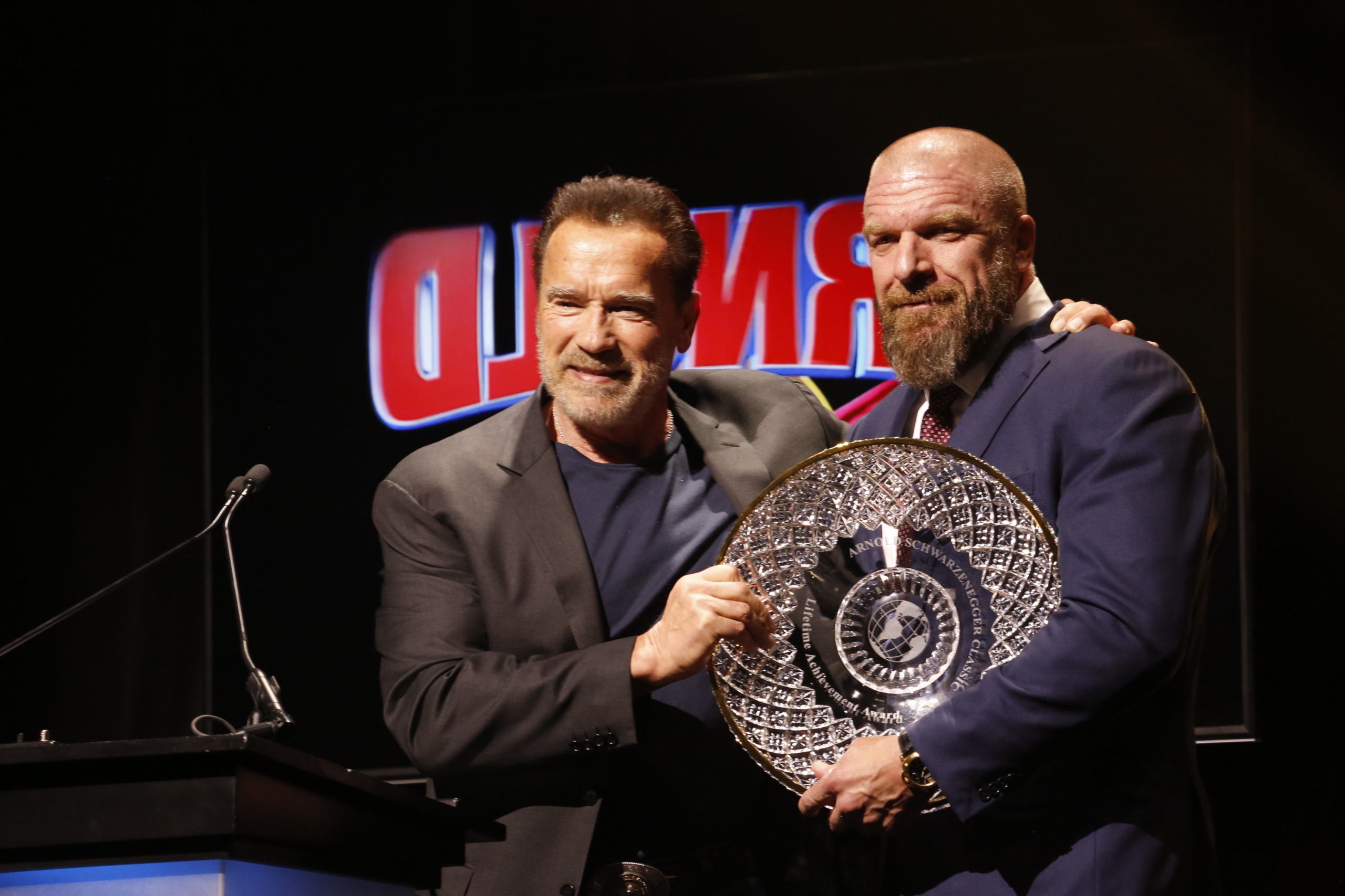 Lifetime Acheivement Award winner Triple H Paul Levesque with Gov. Arnold Schwarzenegger Photo by Dave Emery