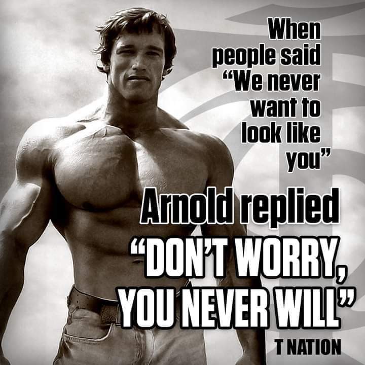 arnold motivation when people said "we never want to look like you" arnold replied "don't worry you never will"