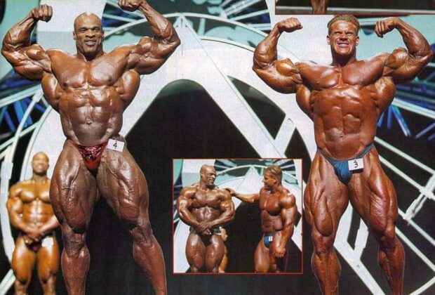 jay cutler vs ronnie coleman sul palco del mister olympia 2003 posa di doppi bicipiti frontali