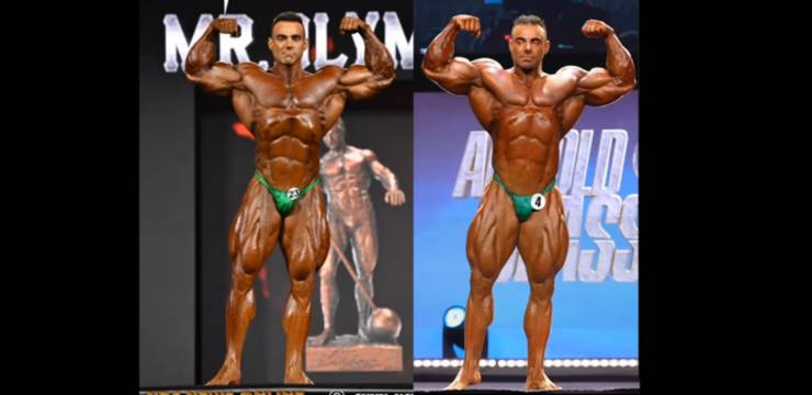 rafael brandao 2022 mr OLYMPIA vs 2024 ARNOLD classic posa di doppi bicipiti frontali